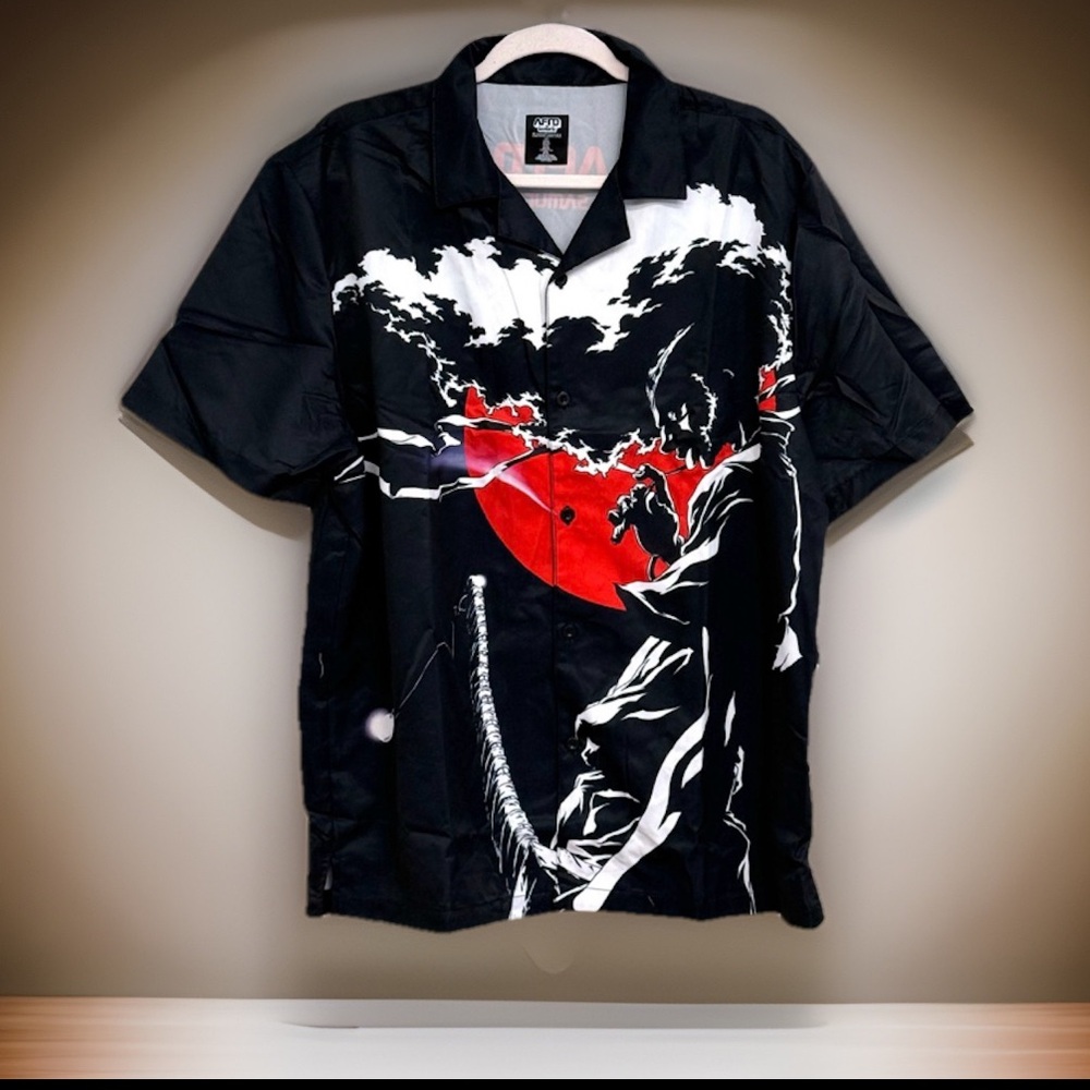 Afro Samurai Takashi Okazaki Mens Button Up Shirt Black W/Multi Color Graphics